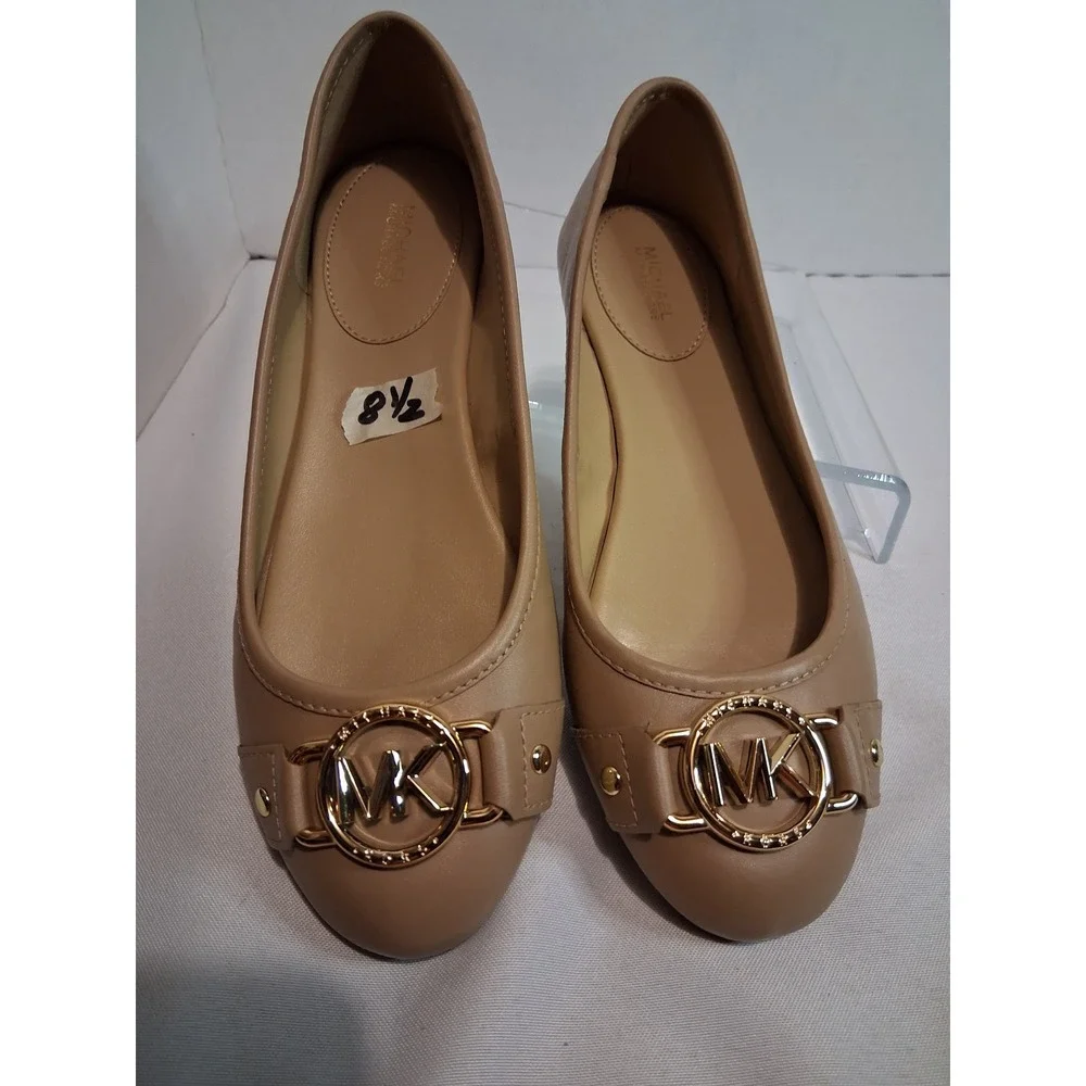 Michael Michael Kors Fulton Moc Tan Leather Ballet Flats Gold Logo Medallion 8.5